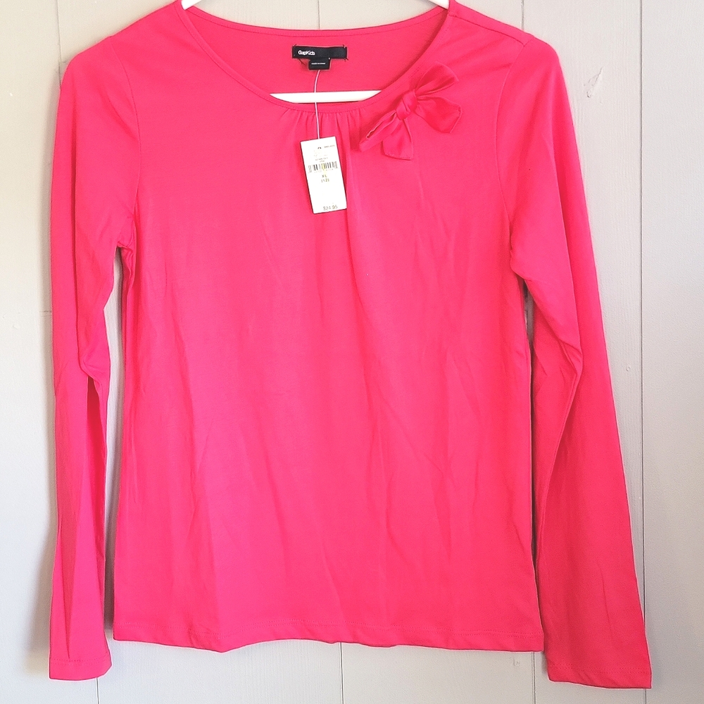 🌴 NWT GapKids Bright Pink Longsleeved Top With Bow 🎀
